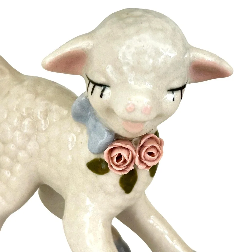 Vintage Ceramic Lamb Figurine Pink Roses Blue Bow Sleeping Eyes Sheep Kitschy